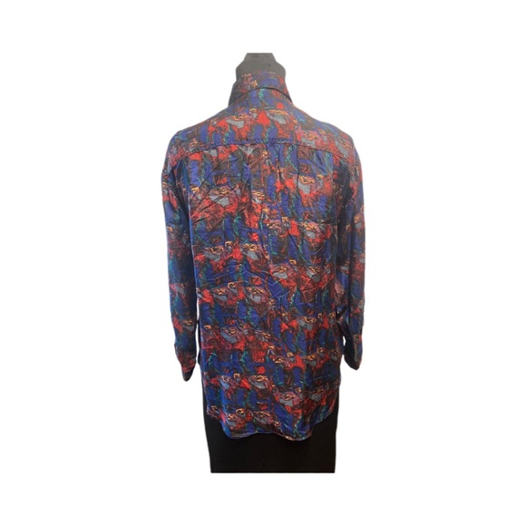 LONG SLEEVE BUTTON DOWN ART PRINT SILK BROUSE SIZE LARGE VINTAGE. - Picture 2 of 10